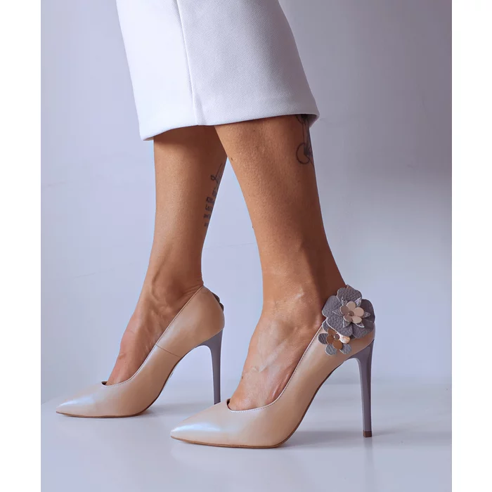 Pantofi stiletto trend piele roz pudra cu aplicatii florale picture - 3