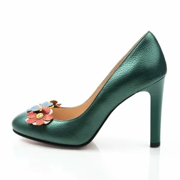 Pantofi verde sidefat din piele naturala Elisa cu aplicatii florale