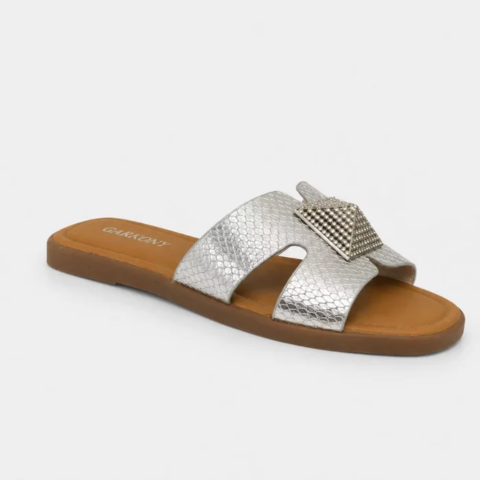 Papuci dama din Piele Eco Argintii cu talpa joasa confortabila Viki picture - 2
