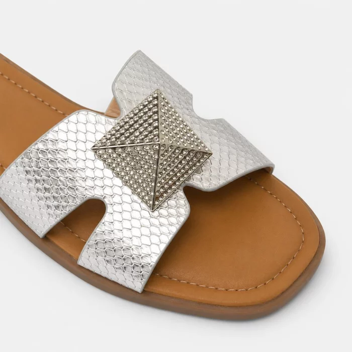 Papuci dama din Piele Eco Argintii cu talpa joasa confortabila Viki picture - 5