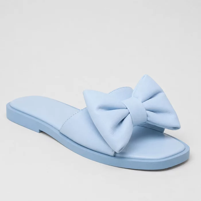 Papuci dama din Piele Naturala Blue cu funda Bianca picture - 2