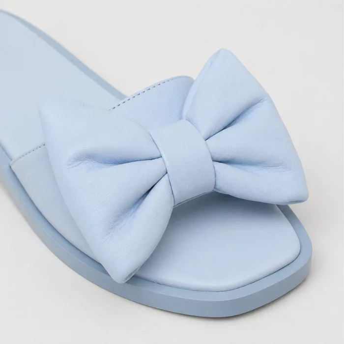 Papuci dama din Piele Naturala Blue cu funda Bianca picture - 4