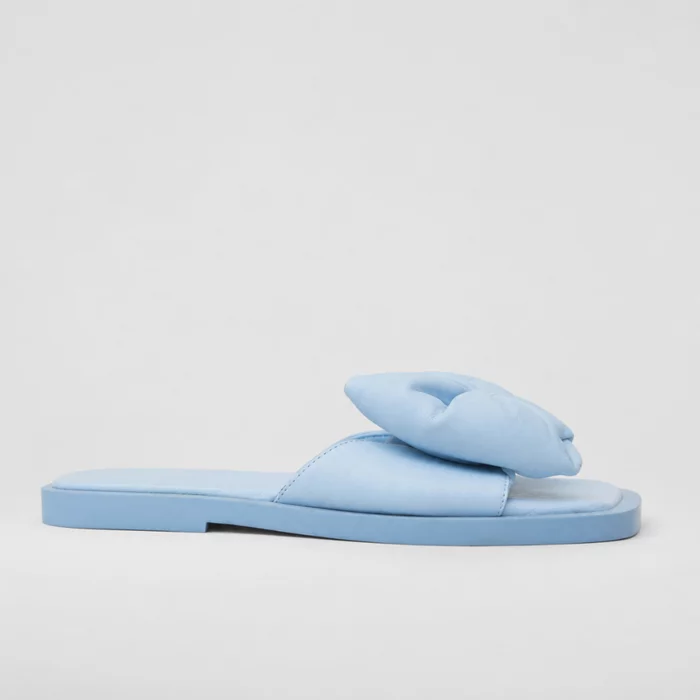 Papuci dama din Piele Naturala Blue cu funda Bianca picture - 5