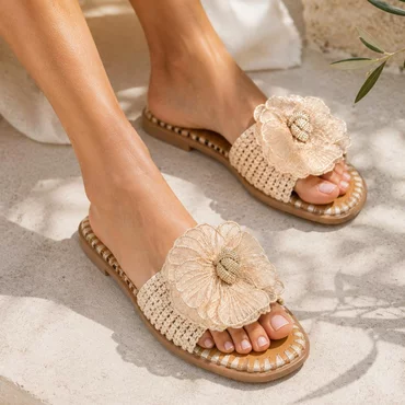 Papuci dama din Textil Bej cu floare Flowers