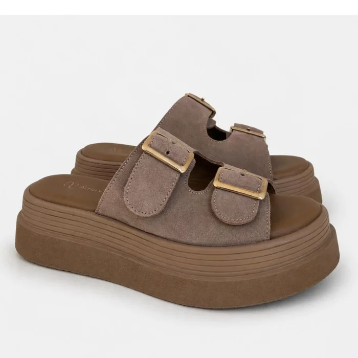 Papuci dama Piele Naturala Taupe cu talpa platforma Trek picture - 6