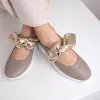 Pantofi casual Piele Naturala Bej cu auriu Mini Bow picture - 4