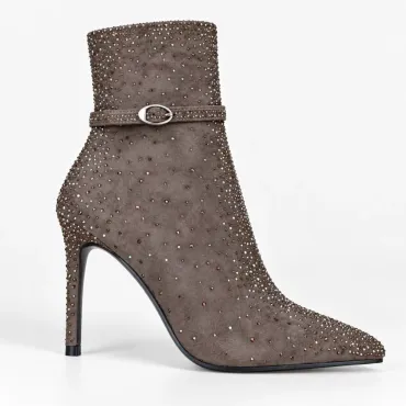 Botine dama elegante Capucino material textil cu strasuri Kaia