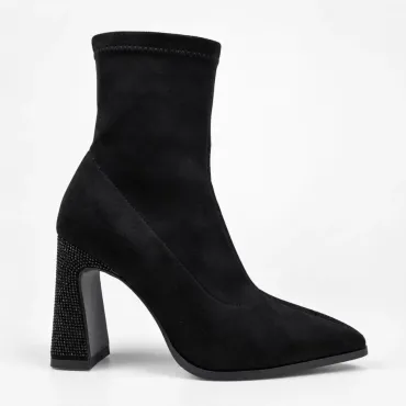 Botine damă elegante Noira – catifea elastică neagră toc cu cristale