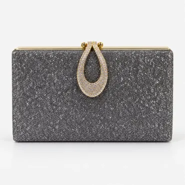 Geantă Elegantă Mila Gri cu Cristale Aurii – Clutch de Lux pentru Evenimente Speciale