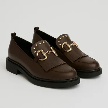Pantofi casual dama Piele Naturala Maro ciocolata cu franjuri Glory