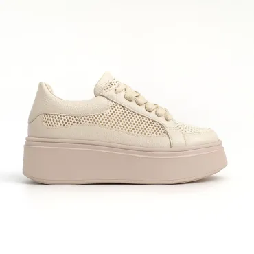 Pantofi casual Piele Naturala Bej cu textil broderie Dami