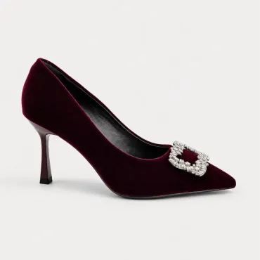 Pantofi dama eleganti stiletto catifea Bordo cu accesoriu brosa Rody