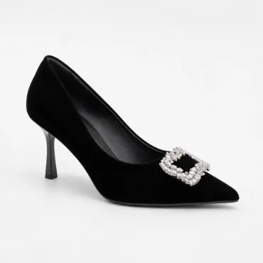 Pantofi dama eleganti stiletto catifea Negri cu accesoriu brosa Rody