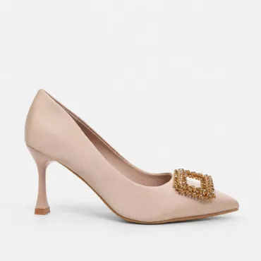 Pantofi dama eleganti stiletto satin Bej cu accesoriu brosa Aniela