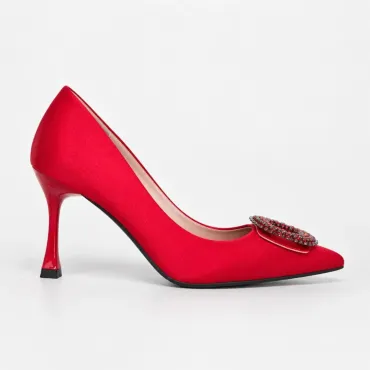 Pantofi dama eleganti stiletto satin Rosu cu accesoriu brosa Aniela