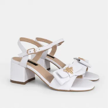 Sandale dama elegante Piele Naturala Albe cu funda Bela
