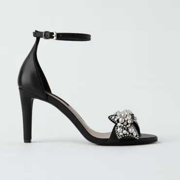 Sandale Piele Naturala Negre cu funda Pearl