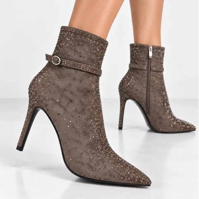 Botine dama elegante Capucino material textil cu strasuri Kaia picture - 2