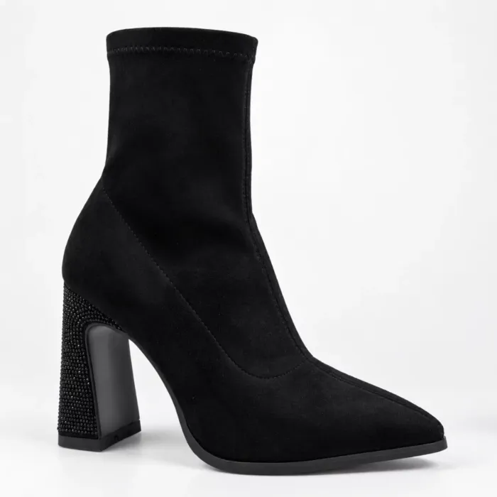 Botine damă elegante Noira – catifea elastică neagră toc cu cristale picture - 4