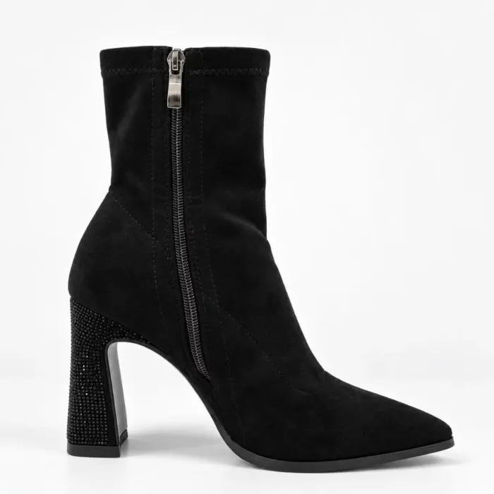 Botine damă elegante Noira – catifea elastică neagră toc cu cristale picture - 3