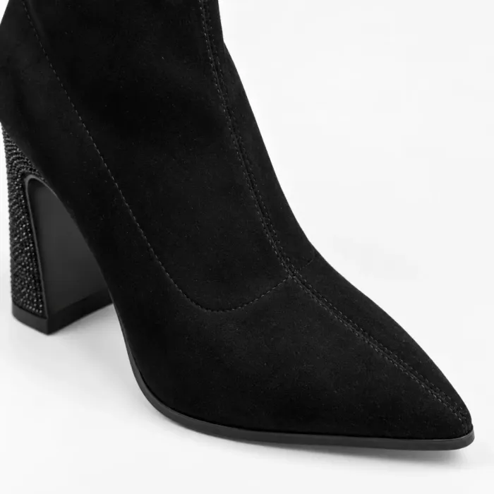 Botine damă elegante Noira – catifea elastică neagră toc cu cristale picture - 5