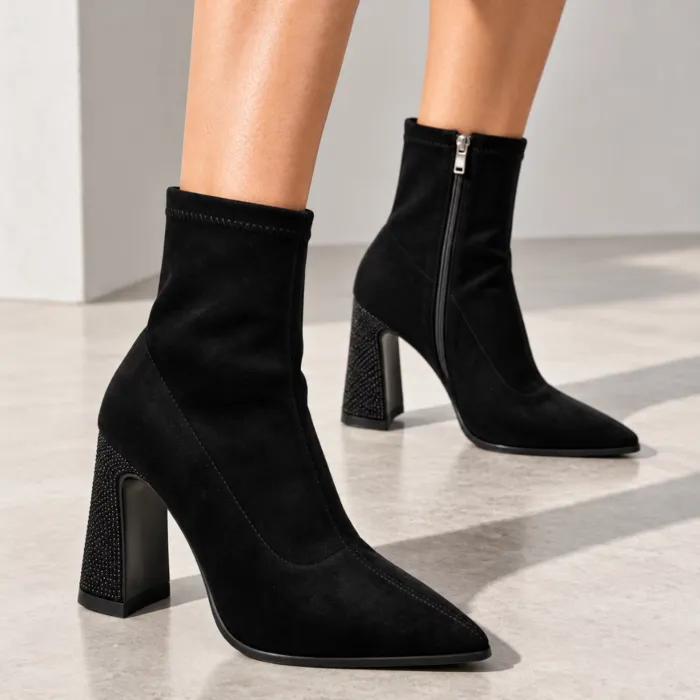 Botine damă elegante Noira – catifea elastică neagră toc cu cristale picture - 2