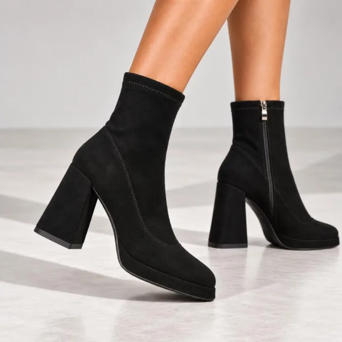 Botine dama Negre cu talpa platforma Asti -Textil strech picture - 2