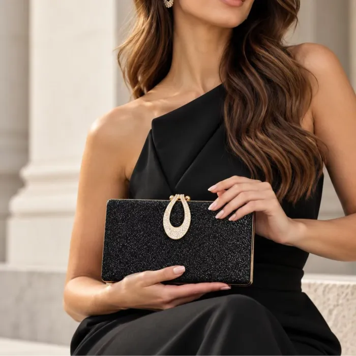 Geantă Elegantă Mila Neagra cu Cristale Aurii – Clutch de Lux pentru Evenimente Speciale picture - 2