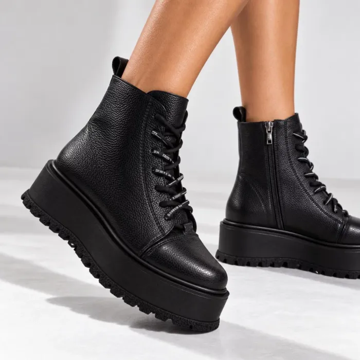 Ghete dama din piele naturala neagra Brick picture - 2