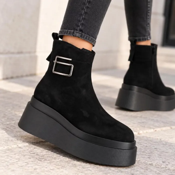 Ghete dama Piele Naturala Negre cu talp platforma Cybill picture - 2