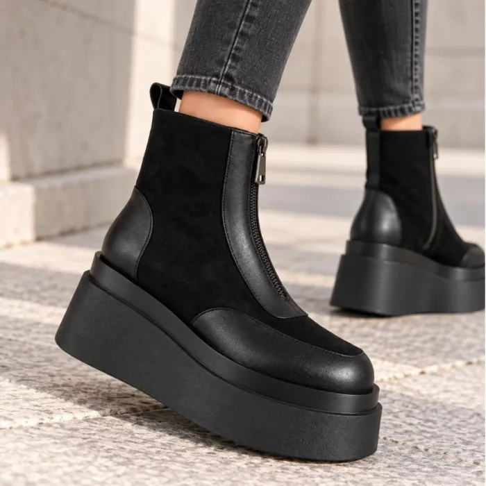 Ghete dama Piele Naturala Negre cu talp platforma Ginger picture - 2