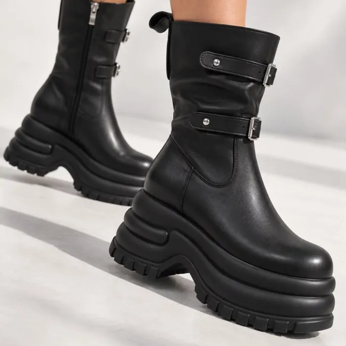 Ghete dama Piele Naturala Negre cu talpa platforma Vortex picture - 2