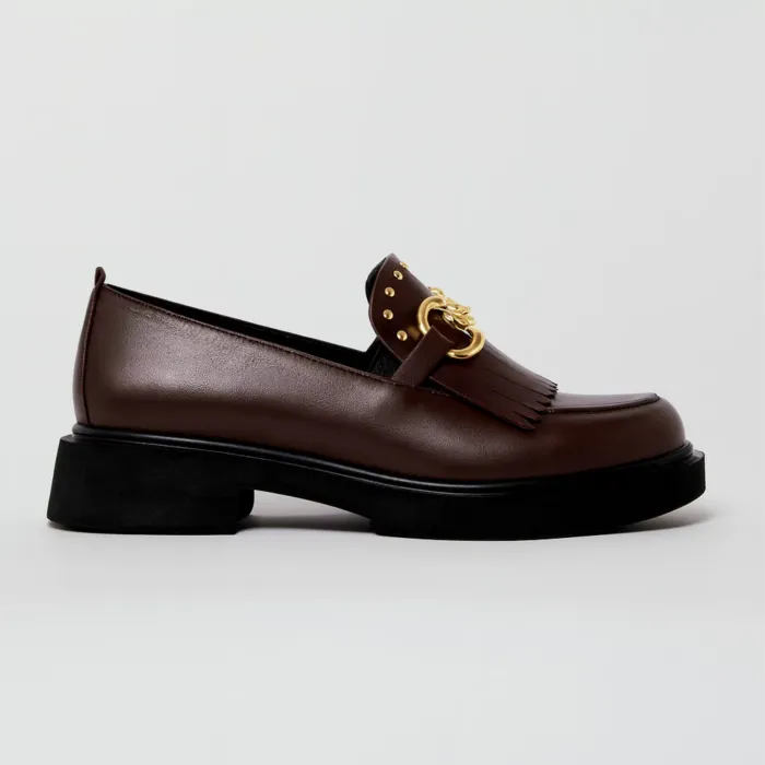 Pantofi casual dama Piele Naturala Maro ciocolata cu franjuri Glory picture - 2