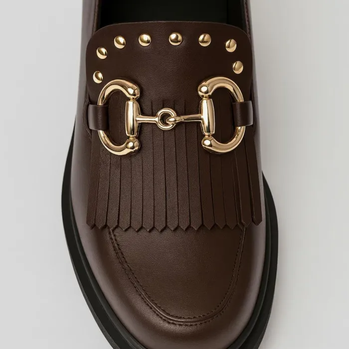 Pantofi casual dama Piele Naturala Maro ciocolata cu franjuri Glory picture - 3
