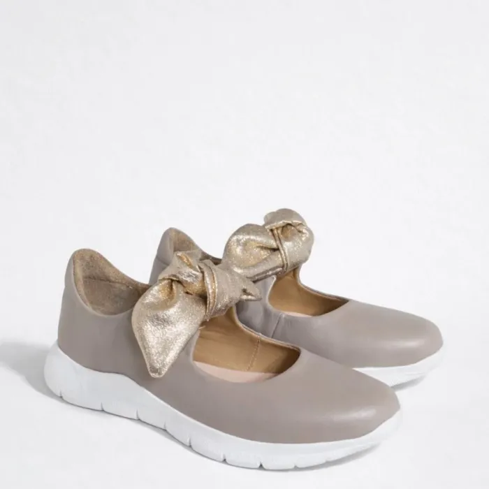 Pantofi casual Piele Naturala Bej cu auriu Mini Bow picture - 5