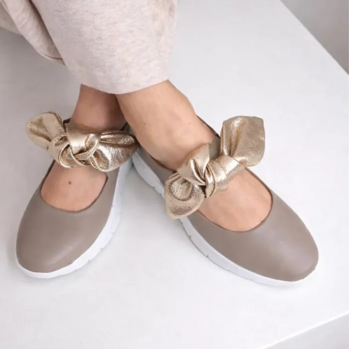 Pantofi casual Piele Naturala Bej cu auriu Mini Bow picture - 4