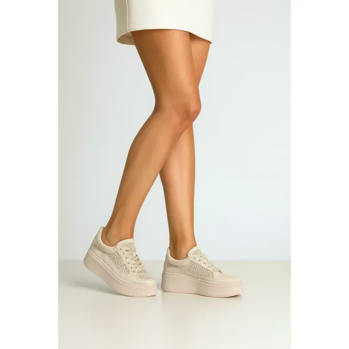 Pantofi casual Piele Naturala Bej cu textil broderie Dami picture - 4