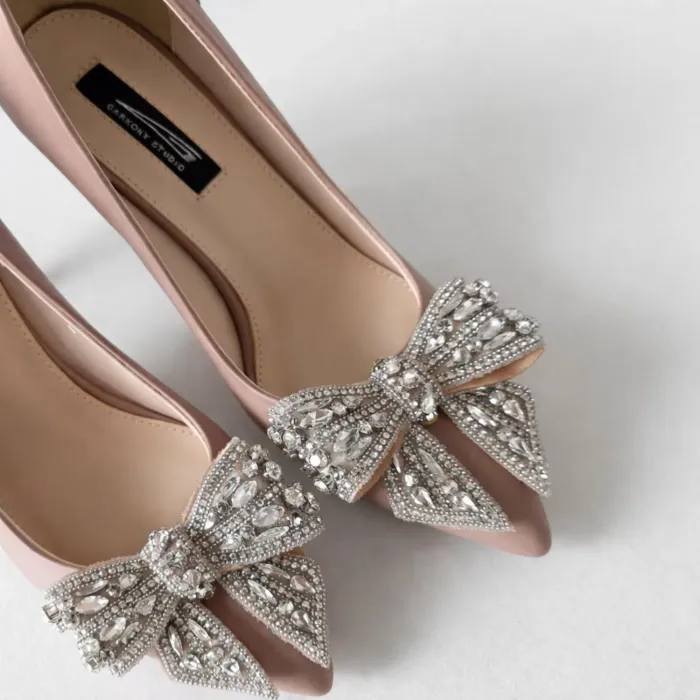 Pantofi stiletto Piele Naturala Bej Lux cu funde picture - 4