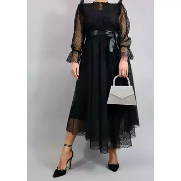 Rochie eleganta neagra din tul si aplicatii dantela