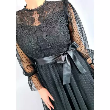 Rochie eleganta neagra din tul si aplicatii dantela