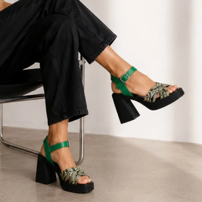 Sandale dama cu platforma si toc gros Piele Naturala Negre cu Verde Vanta picture - 4