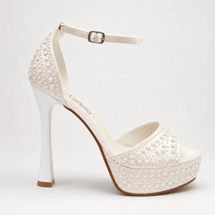 Sandale dama elegante cu platou satin Alb cu perle Perla picture - 2