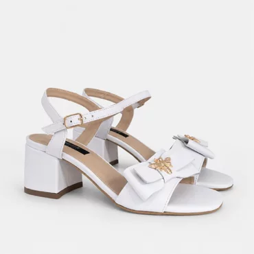 Sandale dama elegante Piele Naturala Albe cu funda Bela