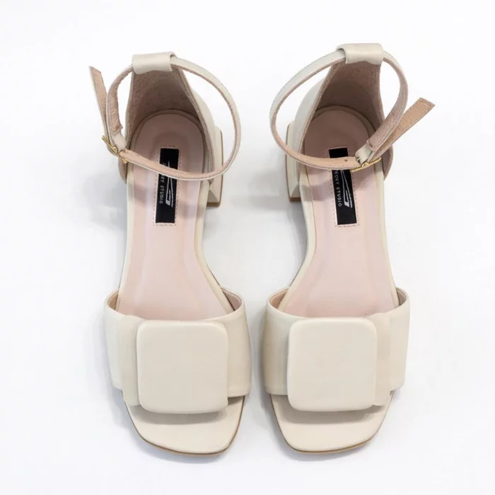 Sandale dama elegante Piele Naturala Crem cu toc mic Luna picture - 3
