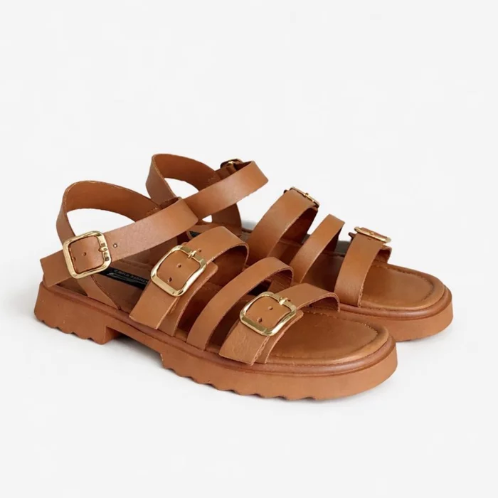 Sandale dama  Piele Naturala Cognac joase cu barete Caramel Line picture - 3