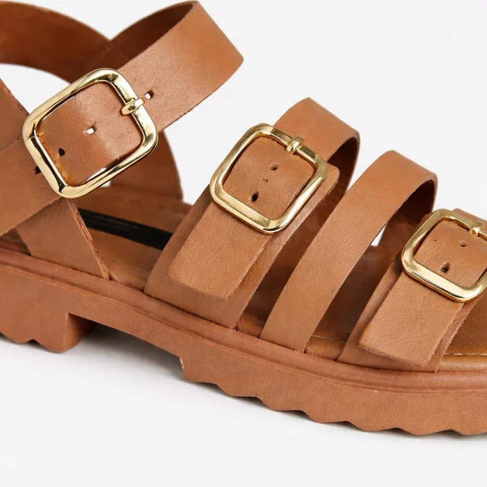 Sandale dama  Piele Naturala Cognac joase cu barete Caramel Line picture - 4