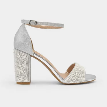 Sandale elegante din satin Argintiu cu perle Motion