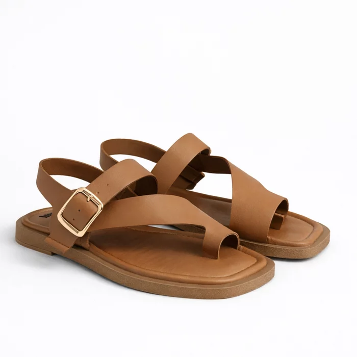 Sandale joase dama Piele Naturala Cogniac cu barete late Minimal picture - 2