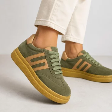 Sneakers damă din piele naturală cu platformă Liana – Kaki