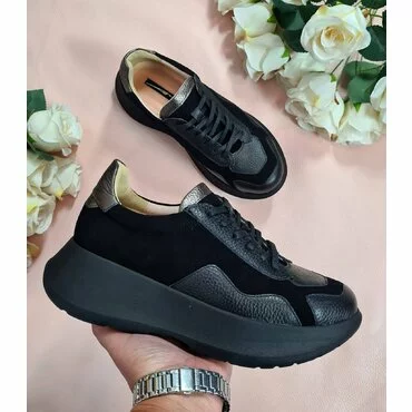 Sneakers din piele naturala neagra Monik